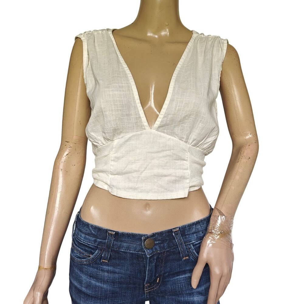 ZARA Linen-Blend Plunge Crop Top Ivory Sleeveless Bustier Wrap Waist – Size S